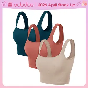 ODODOS 3-Pack Seamless Square Neck Crop Tank for Women Ribbed Knit Soft Low Back Cropped Tops