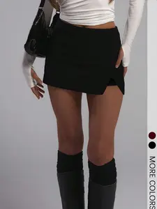Women's Stylish Trendy Black Split Slim-fit Midi Skirts with Lining Shorts, Fashion Casual Bottoms, Ideal for Daily & Date Outfits