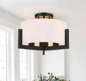 LED- mate14 in. 3-Light Matte Black Semi-Flush Mount Ceiling Light with Drum Shade