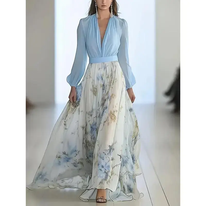 Women's Elegant Floral Print chiffon Dress - Semi-Sheer V-Neck Long Formal & Casual Gowns in Soft Pastel, Machine Washable A-Line Party Wedding Dresses for Women, Dresses for Wedding, Delicate Fabric Design