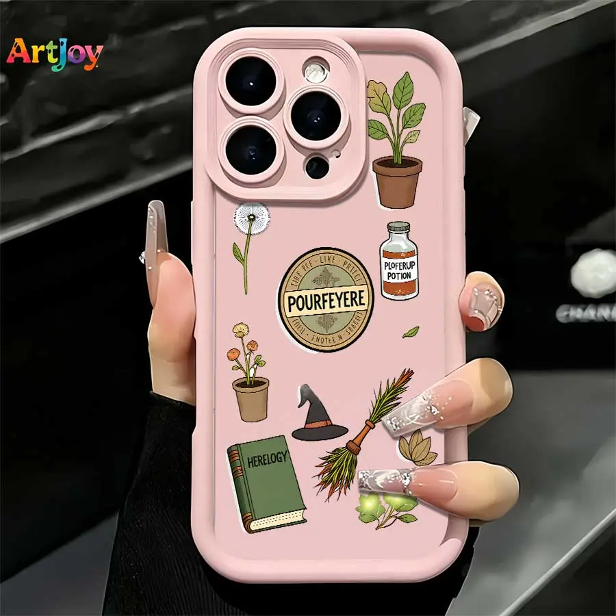 Shockproof Multiple iPhone Protect Cover Shell for 17 Pro Max, 16, 16 Plus, 15, 14, 13, 12 - Pink Lens Frame, Cartoon Witch Print with Potted Plants, Potion Bottles, Books, Fashion Versatile Holiday Gift