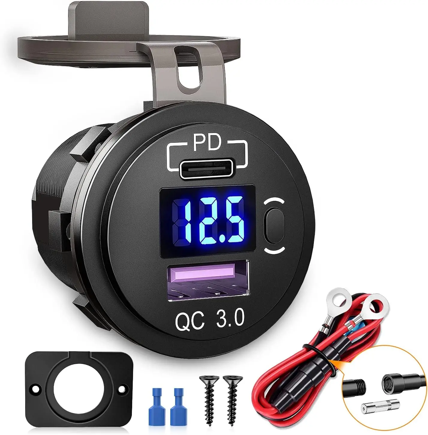 Nilight Dual USB Charger Socket - PD Type C & QC 3.0 Fast Charging, 12V-24V Voltmeter, ON-OFF Switch, Fused Wire Kit, 10A Overload Guard, 2 Devices at 18W Max 18W Output, Easy-Install Truck Accessory for iPhone/iPad, Android Tablets, Car Power Bank Jumper
