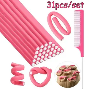 31 piece universal curler set, pink pointed tail comb, hairstyle design tool, sponge curler, curler beauty accessories, suitable for short and long hair without heat foam shaft