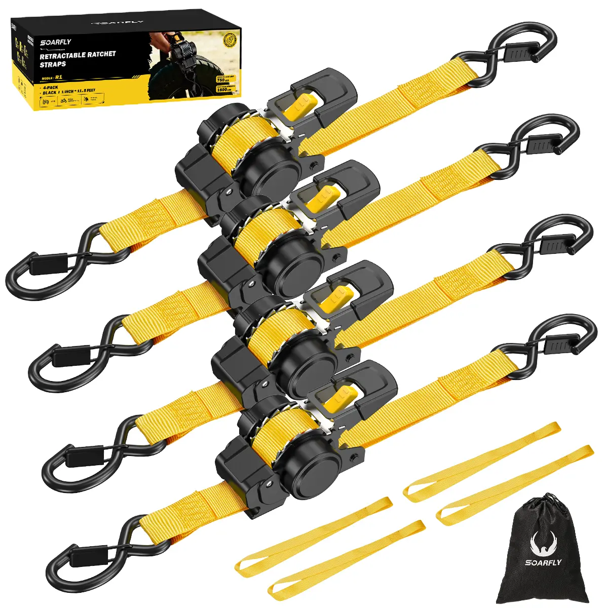 SOARFLY R1 Retractable Ratchet Straps, 1" x 11.5' Heavy Duty Retracting Tie Down Straps for Cargo, Truck, Trailer, Motorcycle, Boat (2-Pack or 4-Pack)