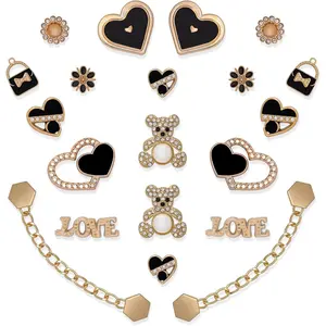20 Pcs Bling Shoe Charms for Women, Sparkle Flower Bear Shoe Decoration Charms Black Heart Shoe Charm, Gold Shoe Chains for Clog Sandals, DIY Shoe Accessories for Birthday Party Favorx