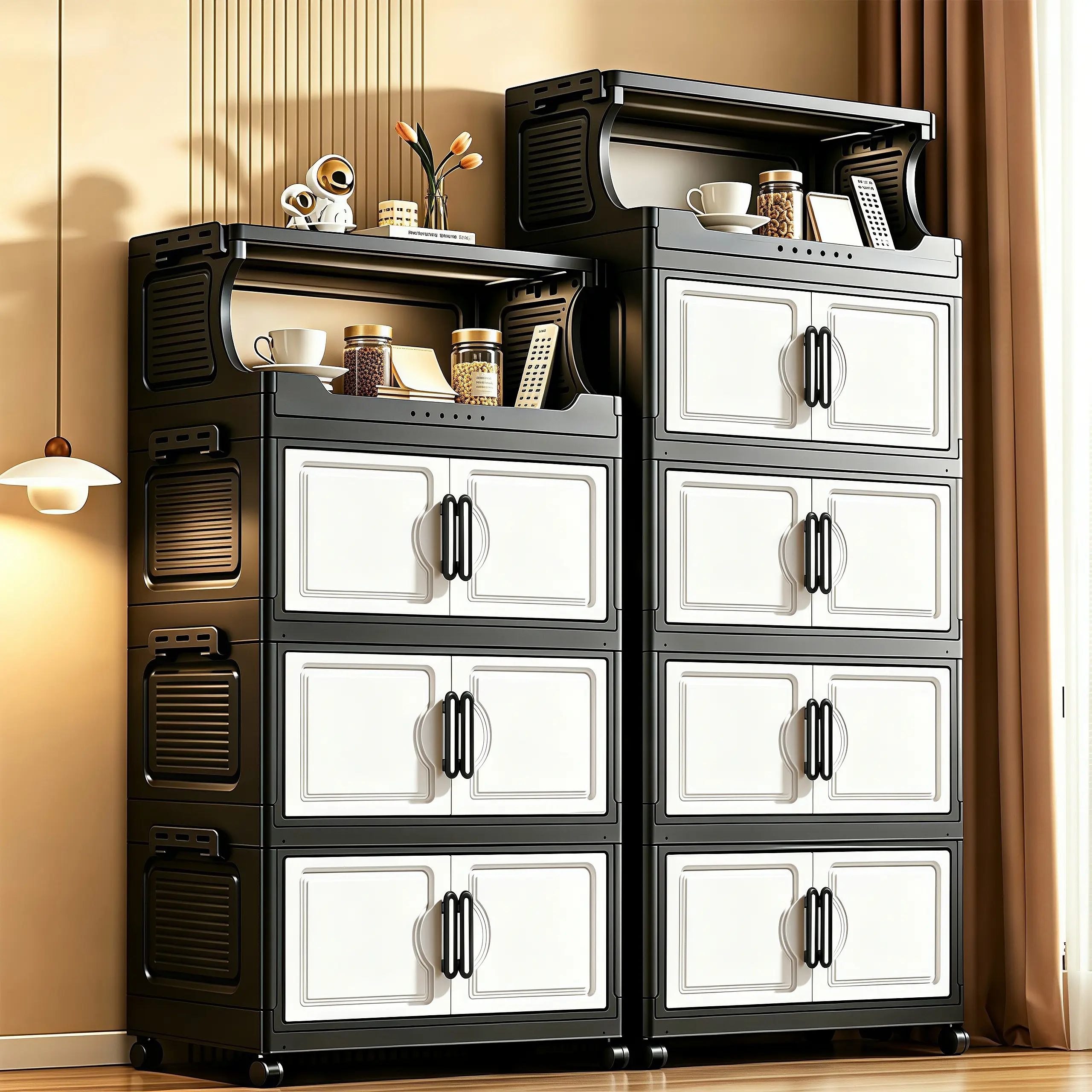 GOLDSNAKE Large Capacity Foldable Plastic Storage Cabinet With Open Top Shelf. Tool-free Assembly,Double Doors And Rolling Casters. This Space-saving Portable Multi-purpose Organizer FitsStorage Needs For Bedroom, Bathroom, Kitchen And Entryway.