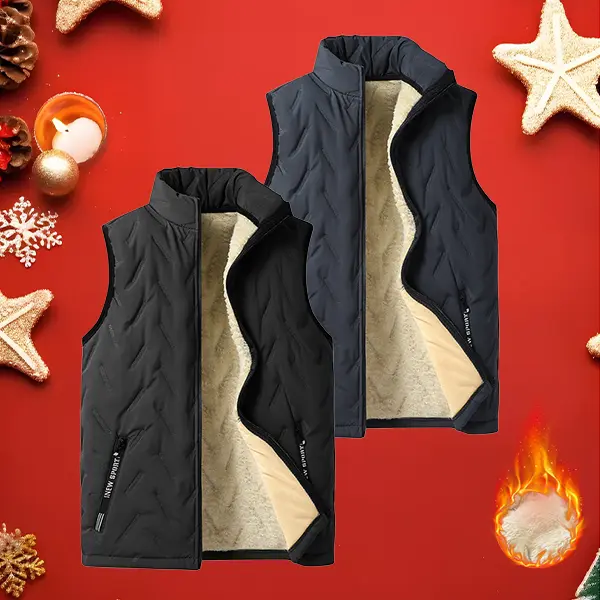 Mens Sherpa Fleece Lined Stand Collar Waistcoat Set, Navy & Beige 2-Piece Menswear Bundle, All-Over Lock Cotton Fabric Prevents Filling Shifting, High Collar Blocks Cold Wind, Secure Zip Side Pockets for Daily Commute & Winter Layering
