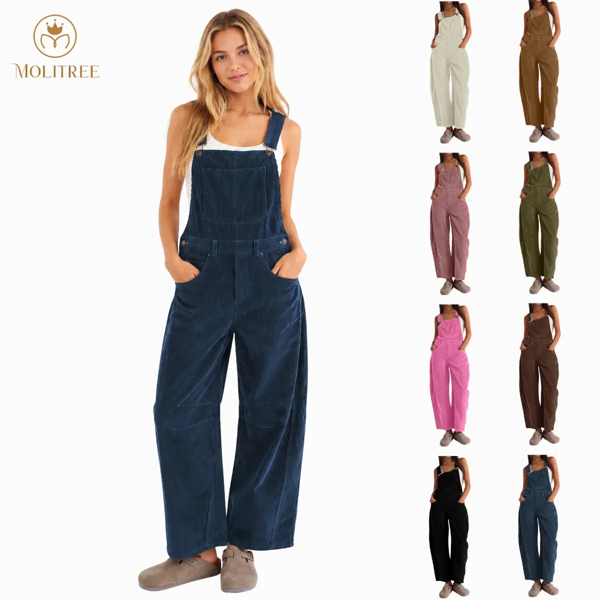Molitree Women's Corduroy Overalls Barrel Wide Leg Bib Pants Adjustable Romper Jumpsuit with Pockets  Casual Wideleg Womenswear Brown