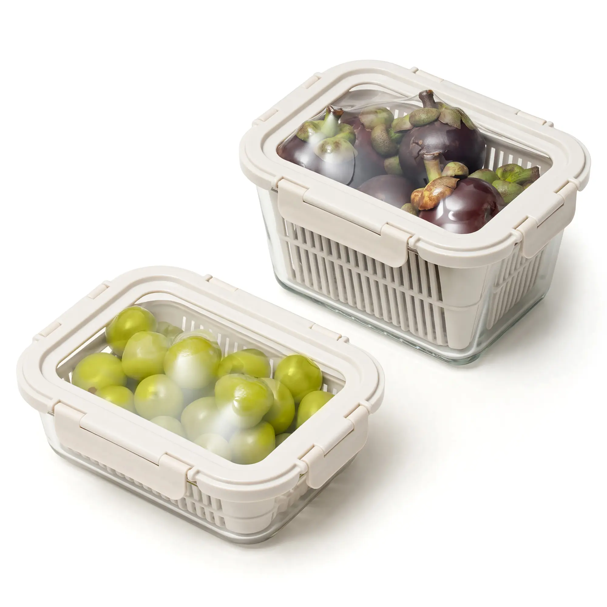 Borosilicate Glass Produce Storage Containers (2-Pack) for Kitchen Refrigeration, Airtight Seal Utensils, LeakProof BPA-Free with Removable Colanders, Flexible Silicone Stretch Lids, Removable Lid