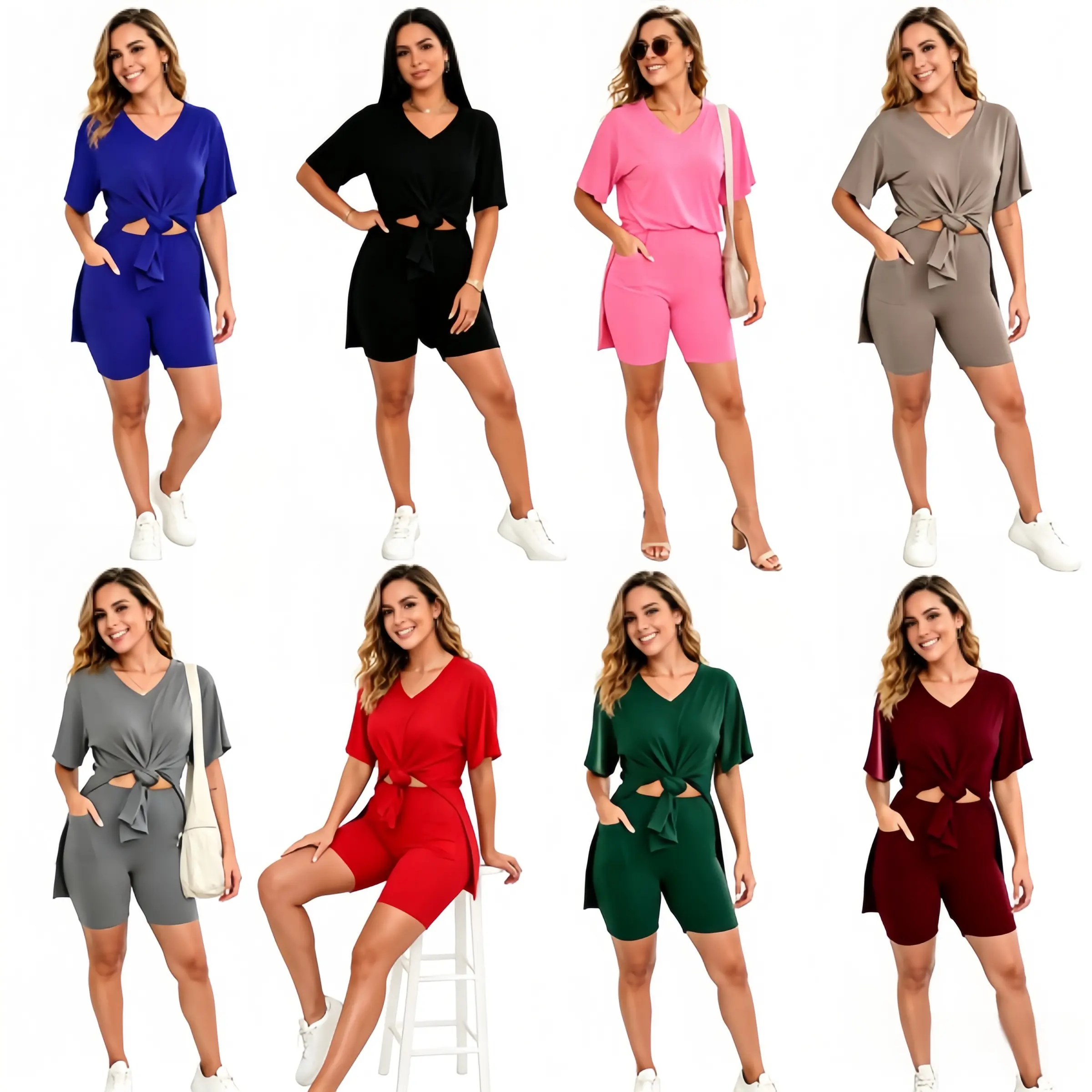 Plus Size Women's 2 Piece Lounge Outfit Set, V Neck Side Split Short Sleeve Top with Pocket High Waist Biker Shorts Casual Tracksuit for Daily Workout Sleepwear