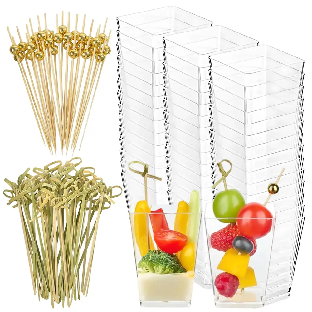 50 Sets 5 oz Plastic Charcuterie Cups with 100 Sticks, Square Appetizer Cups with Cocktail Picks Mini Party Serving Cups for Fruit, Snack, Dessert