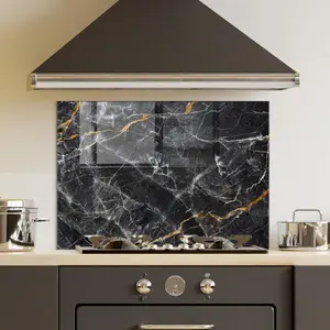 GCKG Gold and white Patterned natural of dark gray marble texture Tempered Glass Kitchen Backsplash, Stove Back Cover, Stove Splashback, Cutting Board, Kitchen Wall Decor