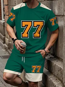Miami Men’s Retro 77 Jersey Style 2-Piece Outfit, Micro-Elastic Polyester, Green & Orange Number Print Tee & Shorts, Casual Sportswear, Ideal for Game Day & Miami Soccer Hangouts, Viral Summer Set