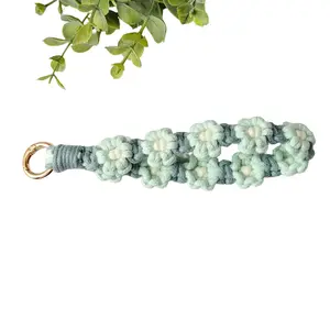 Teal and Blue Flowers Macrame Wristlet Keychain