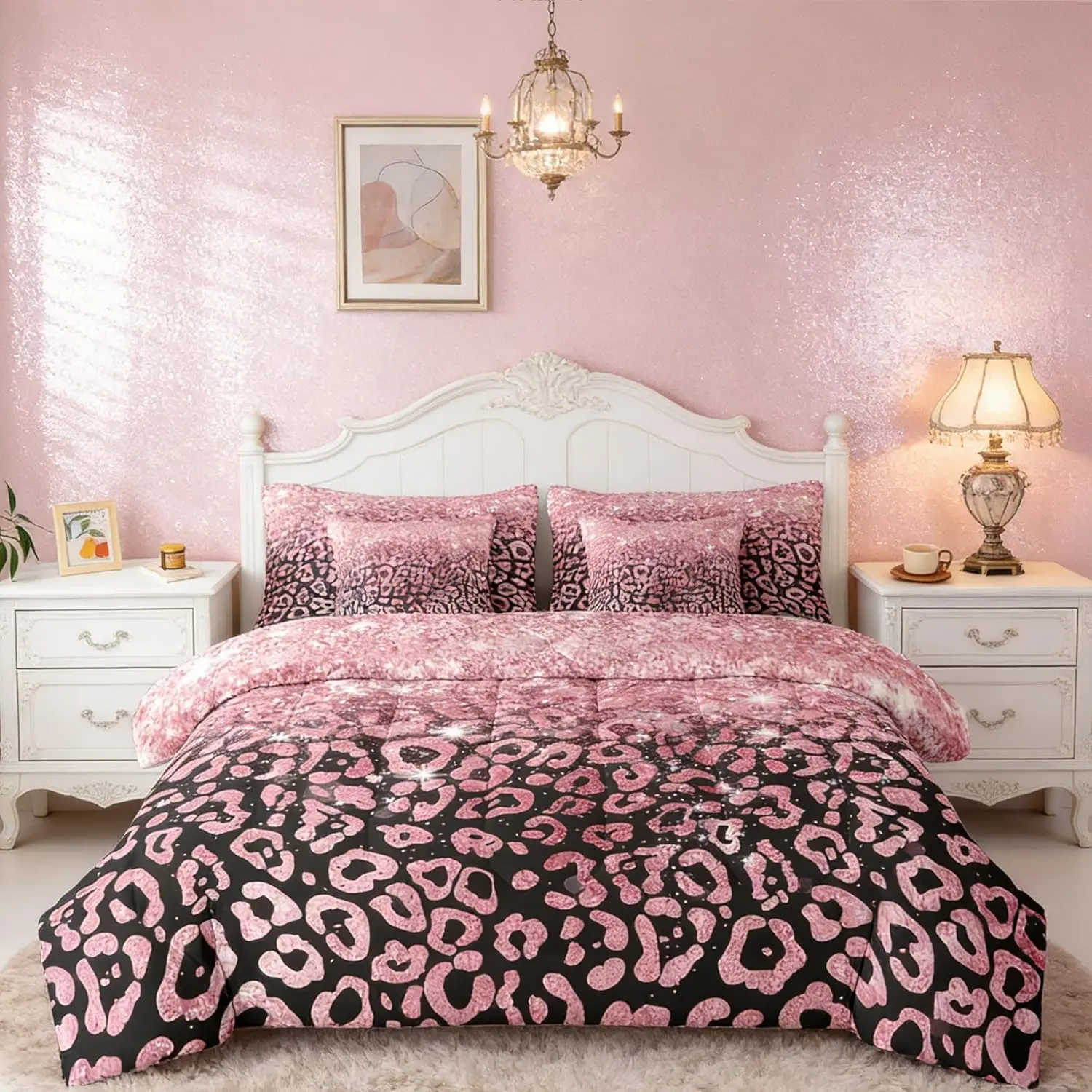 Pink Leopard Comforter Set 7 Pieces Glitter Leopard Print Bedding Set Fashion Cheetah Bed in a Bag with Comforter,Sheets,Pillowcases,Cushion Covers Bedroom Decor