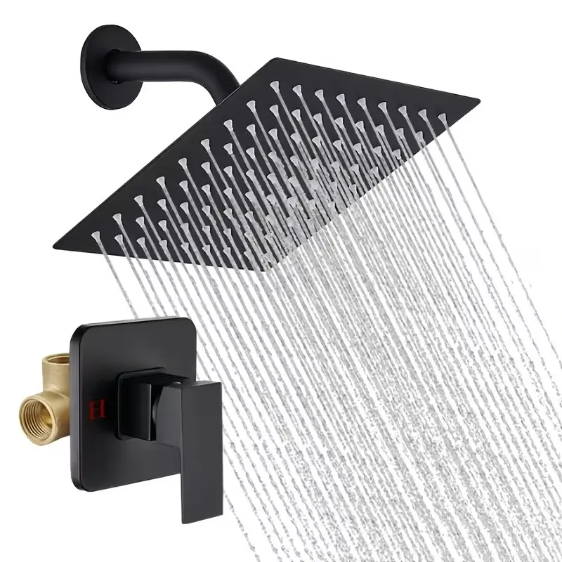 8-Inch High-Pressure Square Waterfall Shower Head Set, Modern Bathroom Fixture with 3-Way Diverter Valve, Wall Mount Adhesive Holder, Simple Installation for Hard Water Bathrooms, Shower Heads