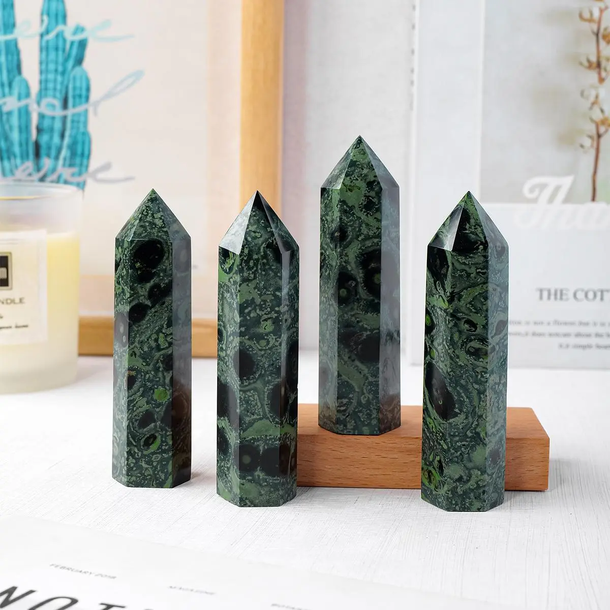 Natural Crystal Decoration, Crystal Decorative Ornaments, 1 Count Green Kambaba Jasper Point Healing Wands, Tower Reiki Energy Balancing Meditation Therapy Gemstones Decor, Crystal Specimen