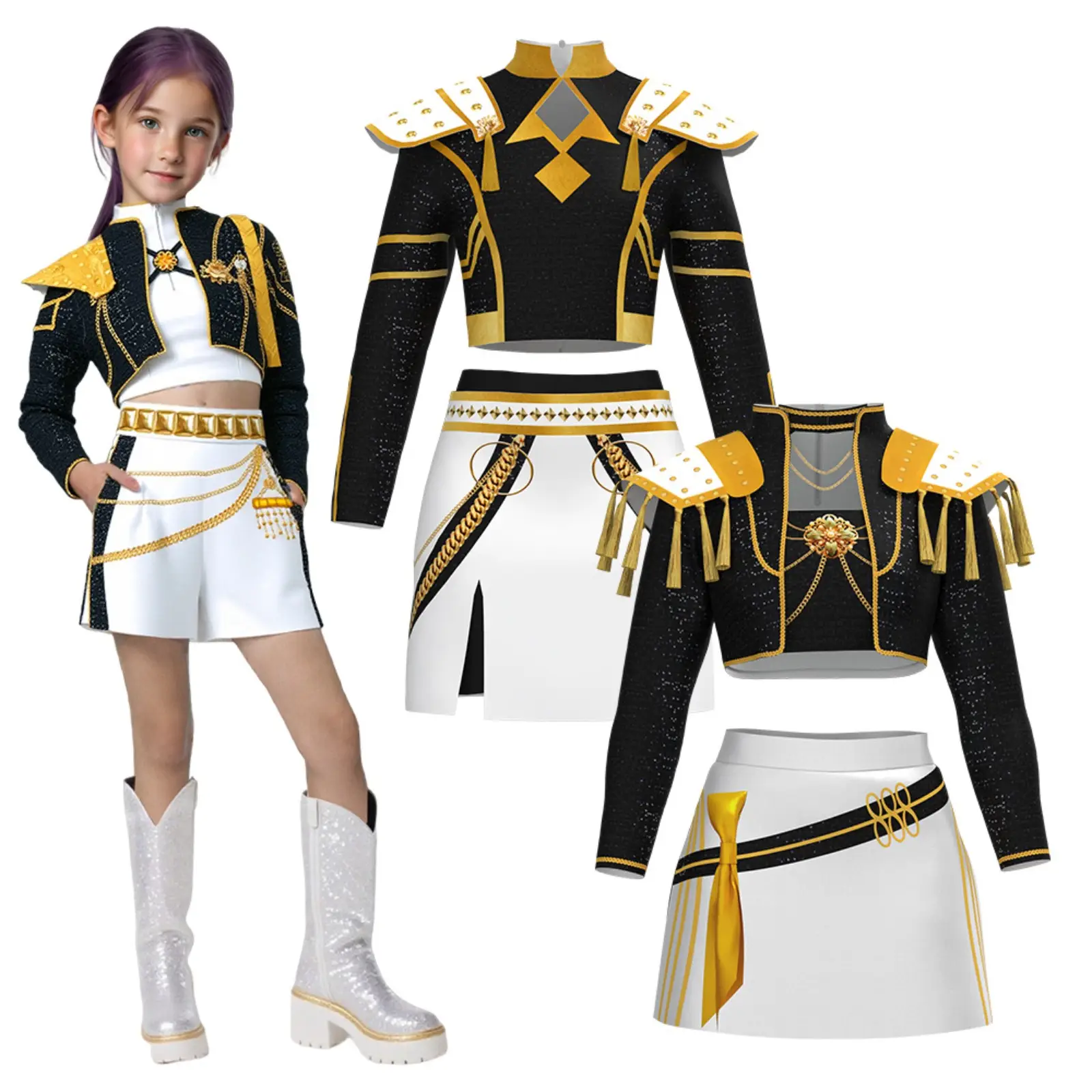 K-Pop Demon Hunters Costume for Girls Kids Halloween Cosplay Dance Outfit Skirt Set 2 Piece with Jacket ,culottes and shoulder trim for Christmas, Sta