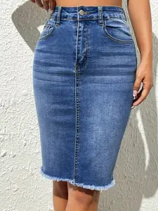 Women's High Waist Skinny Slim Denim Pencil Skirt, Stretchy Bodycon Midi Jean Skirt with Frayed Hem, Casual Daily & Going Out Skirt for Spring Summer