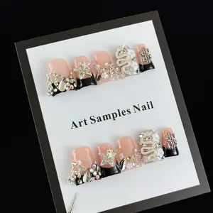 10pcs high-end Sweet and cool style, hand-painted three-dimensional five-pointed star, dazzling with embedded diamonds handmade fake nails, Nail stickers suitable for music festivals, concerts, bar parties, and Easter events, Unique, Rhinestone Design