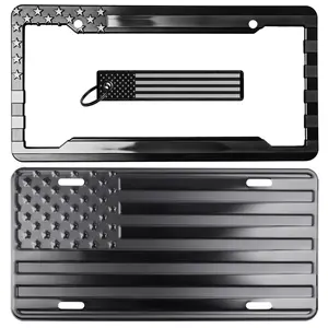 American Flag License Plate, Frame, and Key Tag Combo Black-on-Matte Black