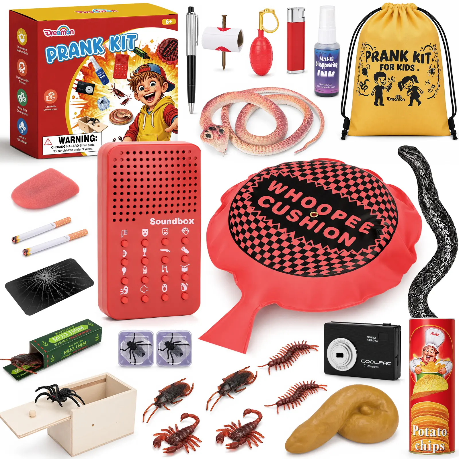 Prank Kit for Kids, 20 Funny Gags & Practical Joke Toys with Sound Effects Machine, Ultimate Practical Jokes Prank Gifts for Boys & Girls, Prank Toys Pack Set Box for April Fools Party Birthday