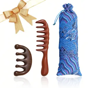 Natural Wooden Wide Tooth Comb Set, Large Curved and Five Finger Massage Combs, Hair Styling Comb for Scalp Care, Hair Cleaning and Grooming, Hair Care Tool, 2-Piece Set from China