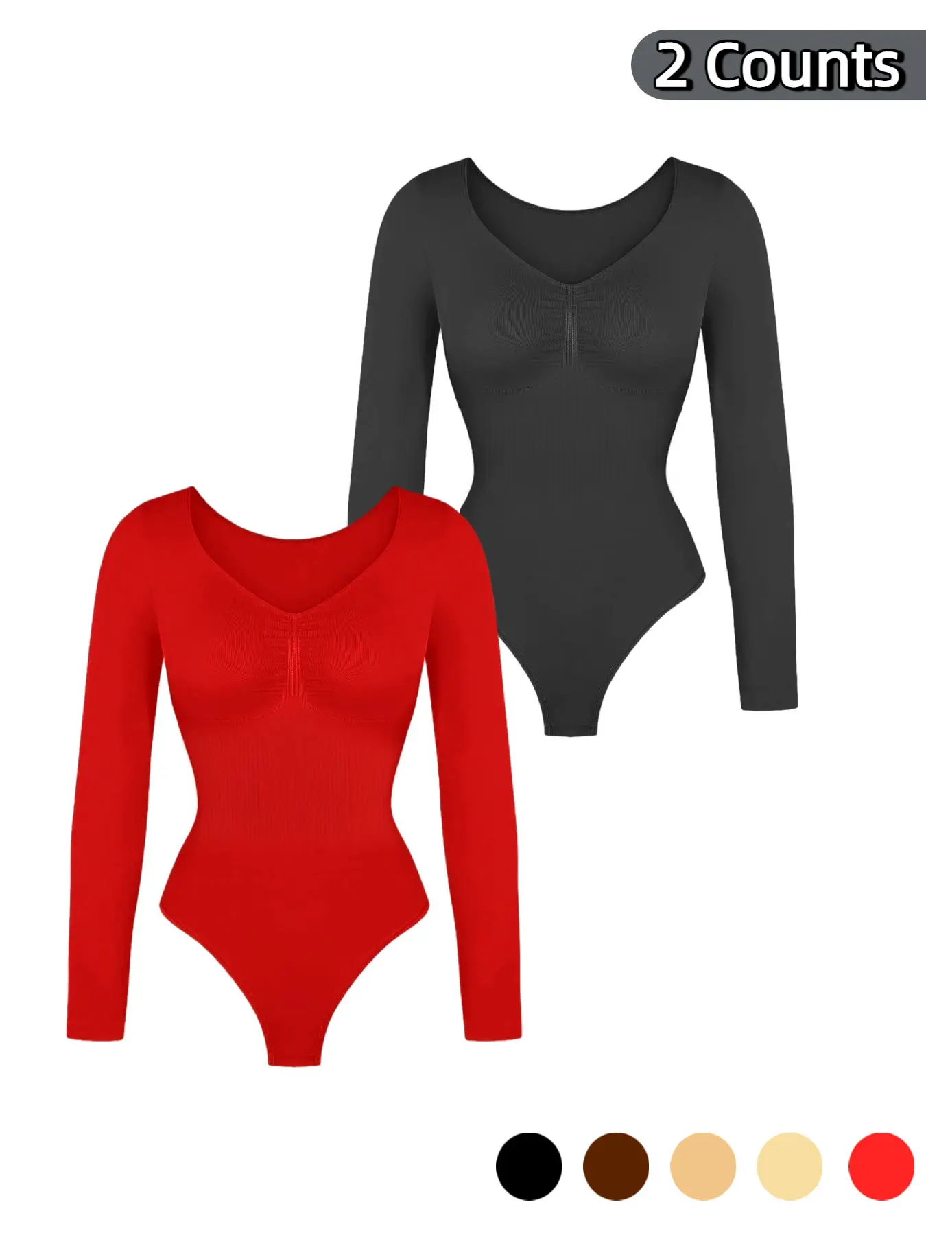 Women's Seamless Long Sleeve Shapewear Underwear Set, V Neck One-Piece Bodycon Suit, Comfortable Fashion Style Design, Fall & Winter Wear, Stretchy, Chic, Elegant