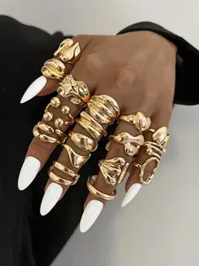 17-Piece Ring Set, Metal Fashion Bold Vintage Style, Casual Irregular Geometric Pattern, Wide Band Stackable Rings, Party Gift Jewelry