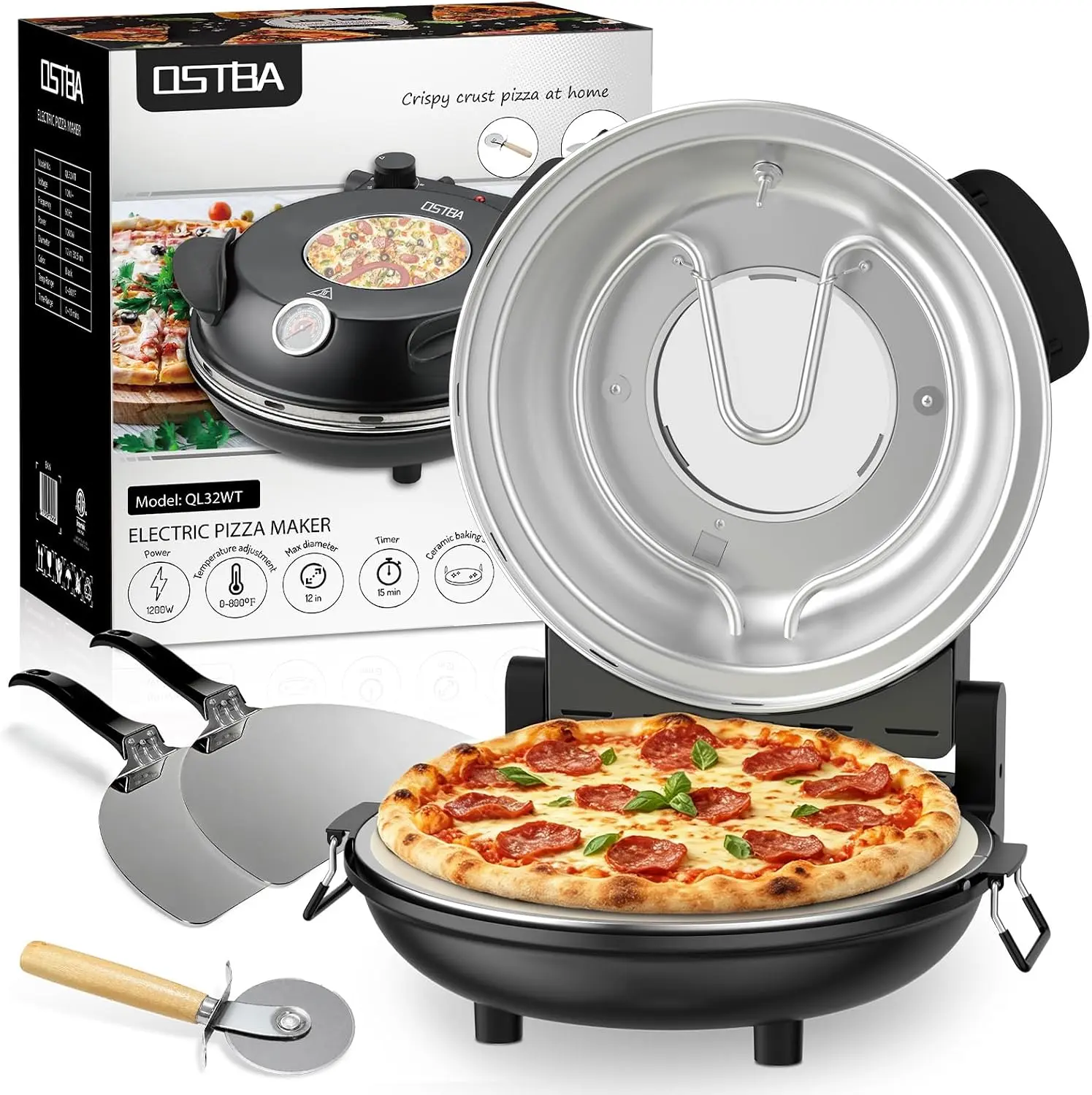 OSTBA Electric Pizza Oven Indoor Countertop, 12 Inch Pizza Maker, 800°F Pizza Cooker with Dual Top & Bottom Heat Control, Ceramic Pizza Stone, Built-in Thermometer, Timer & Viewing Window