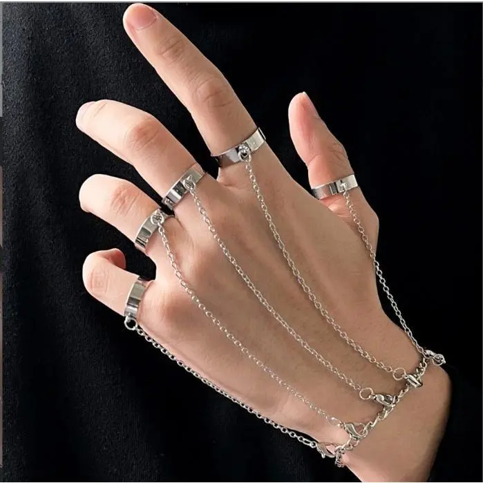 Gothic Punk 5-Connected Chain Slave Bracelet with Finger Rings, Fashion Hand Chain Accessory, Jewelry, Punk Accessories, Bracelets, Chain Bracelets, Fashionable Jewelry Accessories