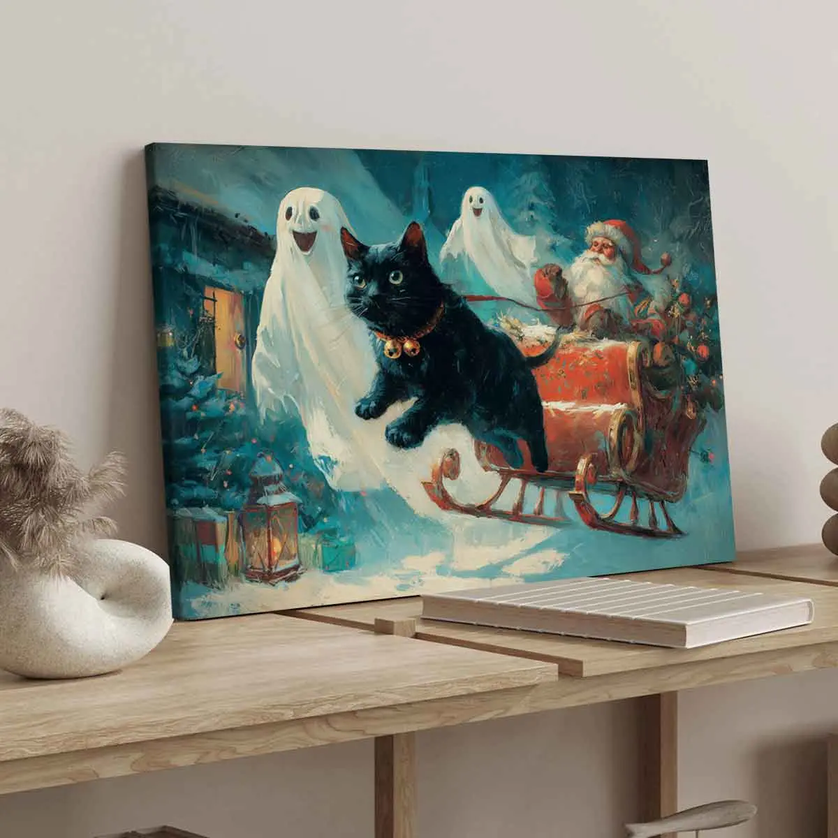 Christmas Canvas Wall Art, Cat Santa Ghost Design, Waterproof Print, Ideal Gift, Modern Home Decor, Festive Bedroom Decoration
