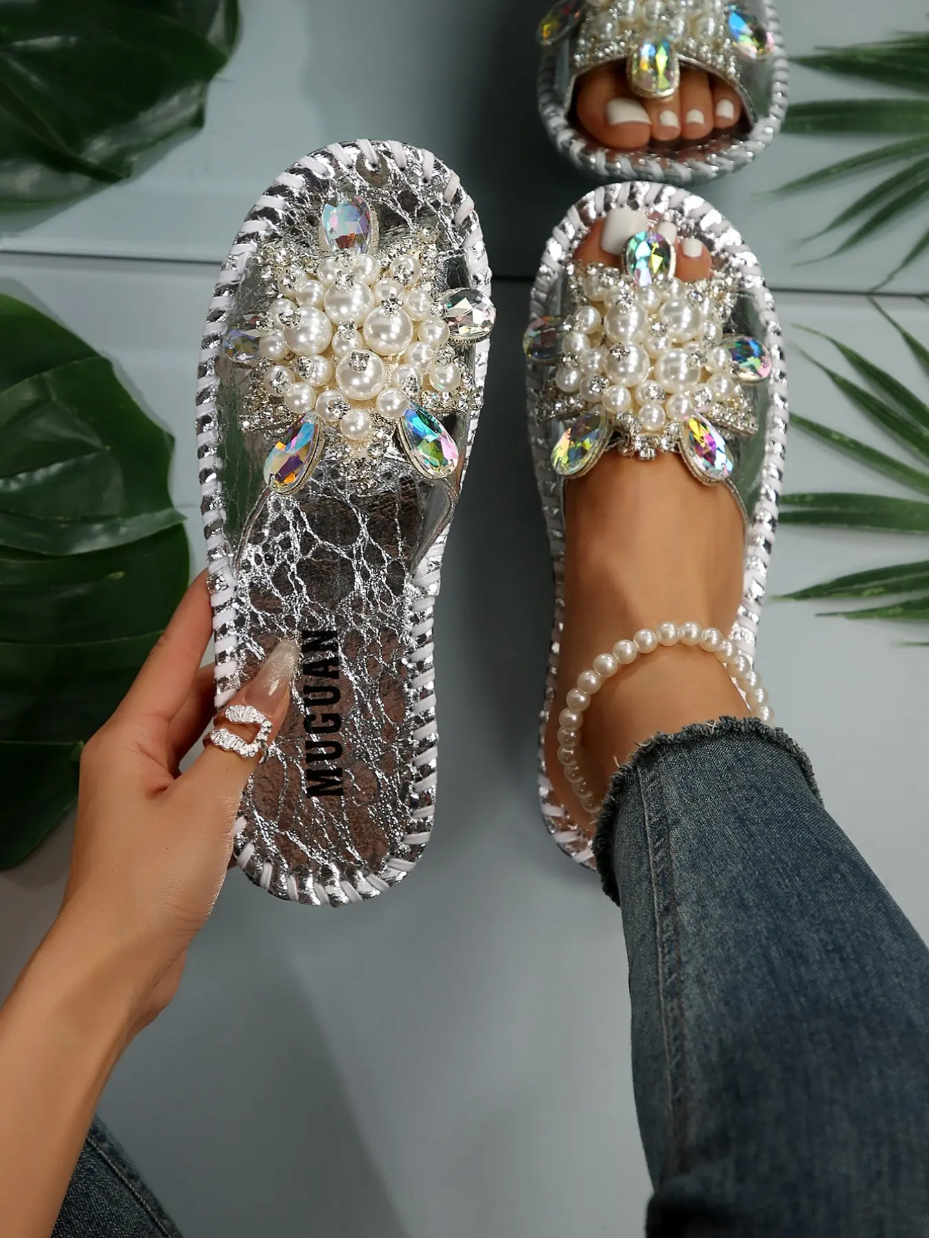 Women's Handmade Floral Rhinestone Pearl Slippers, Fashion Open Toe Shoes, Fashion Model Slippers, Elegant Summer Footwear, Comfortable and Stylish, Open Toed Slippers
