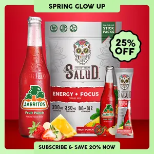 Salud x Jarritos 2-in-1 Energy Drink Powder + Focus, Fruit Punch, Organic Caffeine, B6 + B12, Theanine, Clean Energy Drink Packets, Non-GMO, Gluten Free, Vegan, 1g of Sugar, (15 Servings)