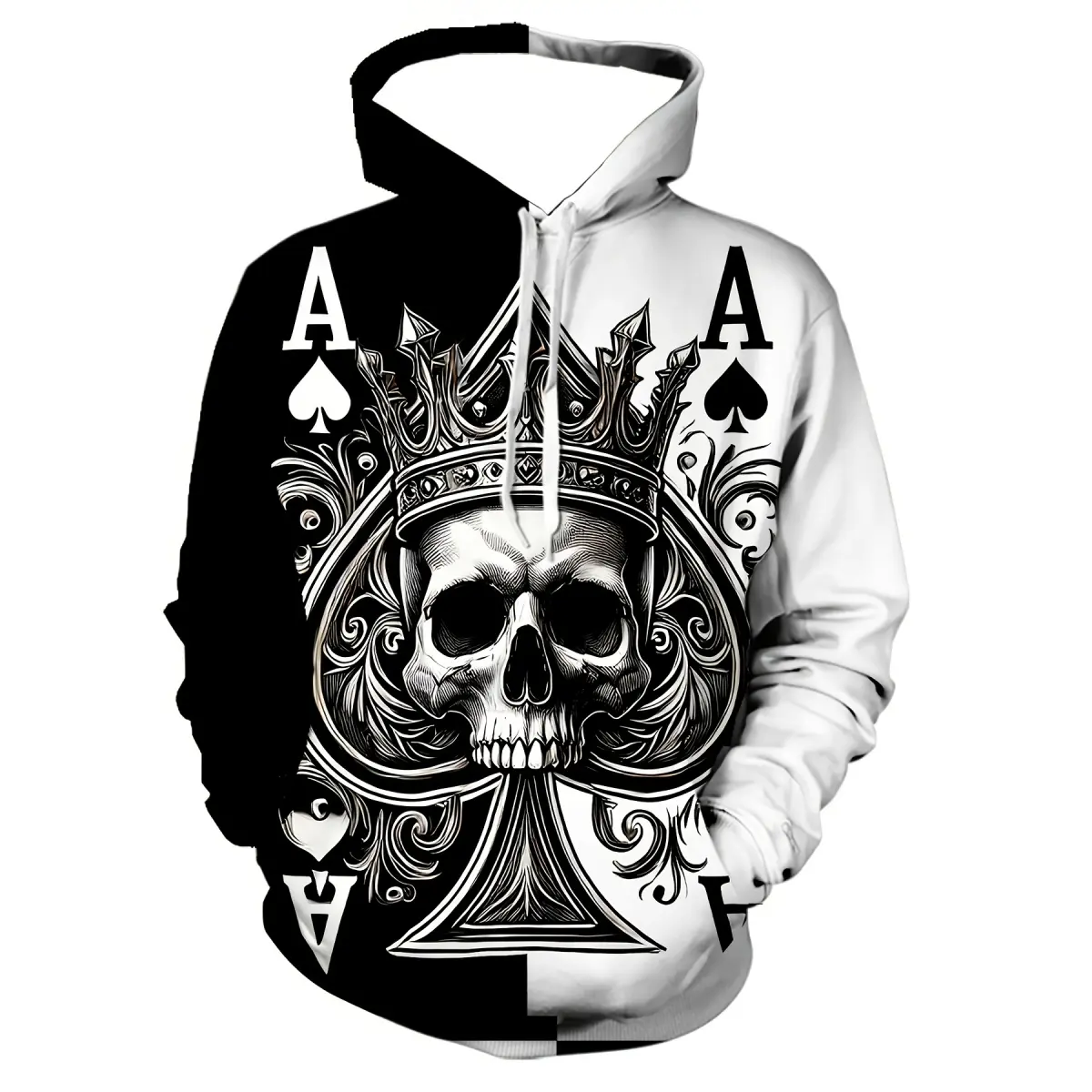 Men's Skeleton Poker Print Long-Sleeve Pullover Hoodie - Menswear Sweatshirt with Drawstring Pocket, Casual Spring & Autumn Top for Daily Sports Use, Sweatshirts, Longsleeves, Edgy Skeleton Art