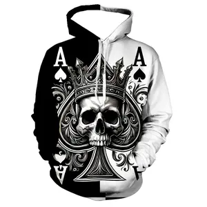 Men's Skeleton Poker Pattern Long Sleeve Casual Hoodie with Drawstring Pocket, Fashionable Pattern Hoodie Sports Fashion Sports Daily Spring and Autumn Top