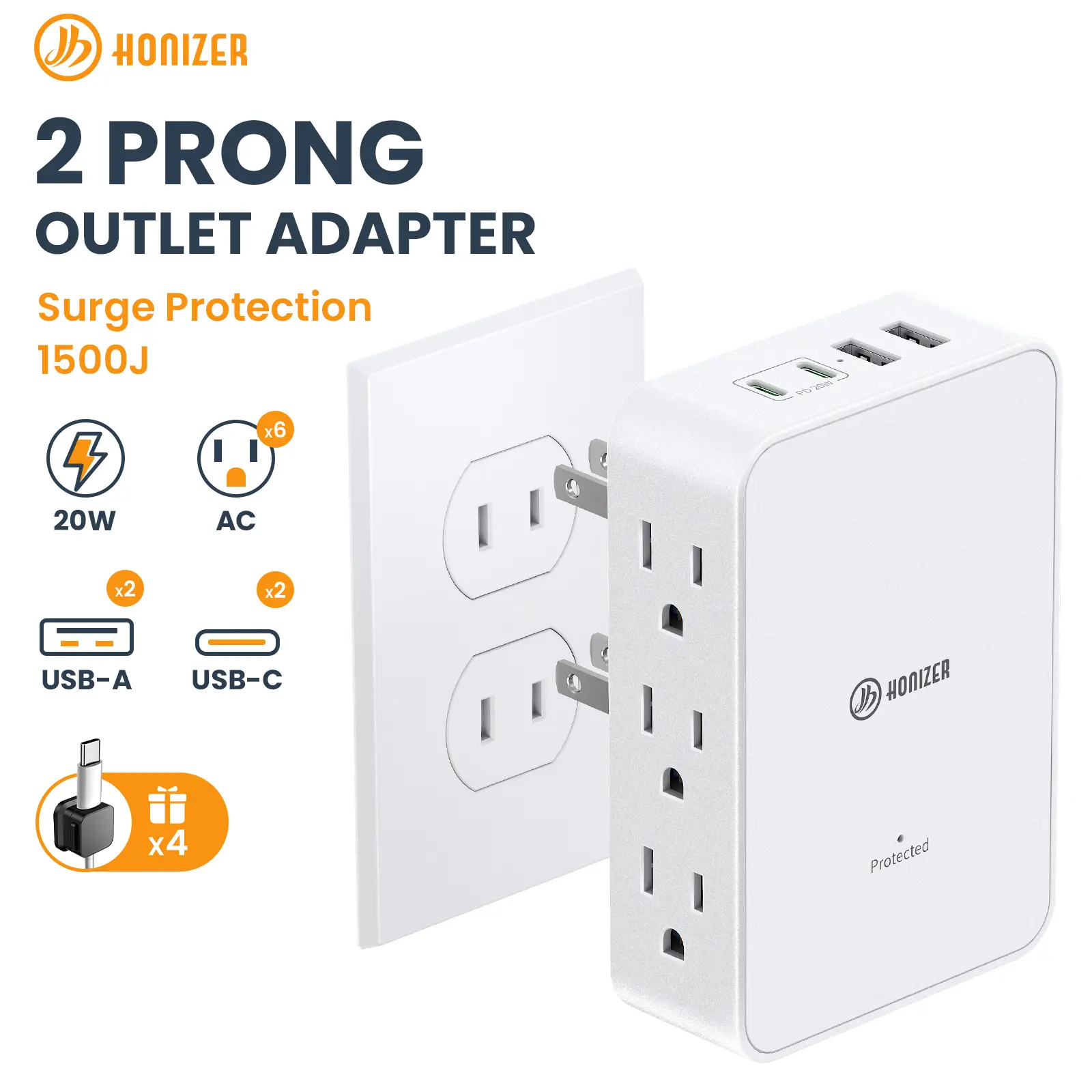 HONIZER Outlet Adapter, 2 Prong to 3 Prong with 6 AC Side Outlets, PD 20W USB-C, 2 Prong Power Strip with 4 Cable Clips, Multi Plug Outlet Splitter, Polarized Plug, Ideal for Old House