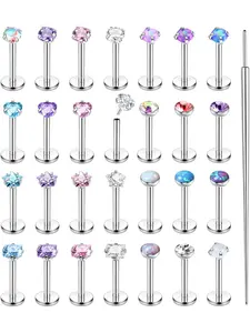 28Pcs Threadless Nose Rings Studs Set Surgical Steel Lip Nostril Labret Medusa Body Jewelry Piercing Jewelry Push in Tragus Conch Helix Flat Back Earrings for Women Men 16G 18G 20G 6/8mm