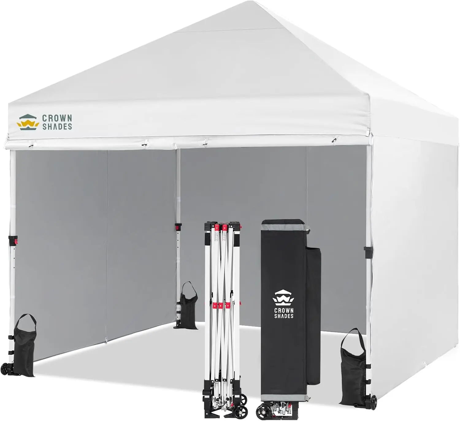 CROWN SHADES 10x10 Pop Up Canopy Tent Instant Commercial 1-Person Setup Patended CENTERLOK with 400D Fabric, 4 Sidewalls, 4" Wheels, 4 Upgraded Weights, White