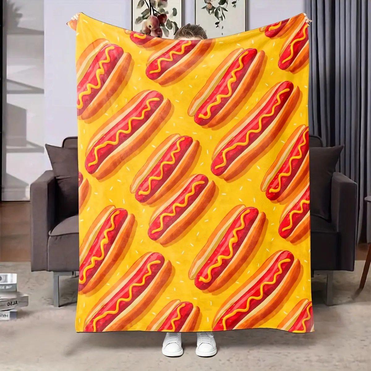 Funny Hot Dog Sausage Mustard Print Cozy Flannel Blanket - Novelty Fast Food Themed Soft Plush Home Textile, Ideal Gift for Hot Dog Lovers, Bedroom Sofa Decor for Watch Parties, Flannel Throw Blankets,back to school,back to school shopping, Fast Food Fun,