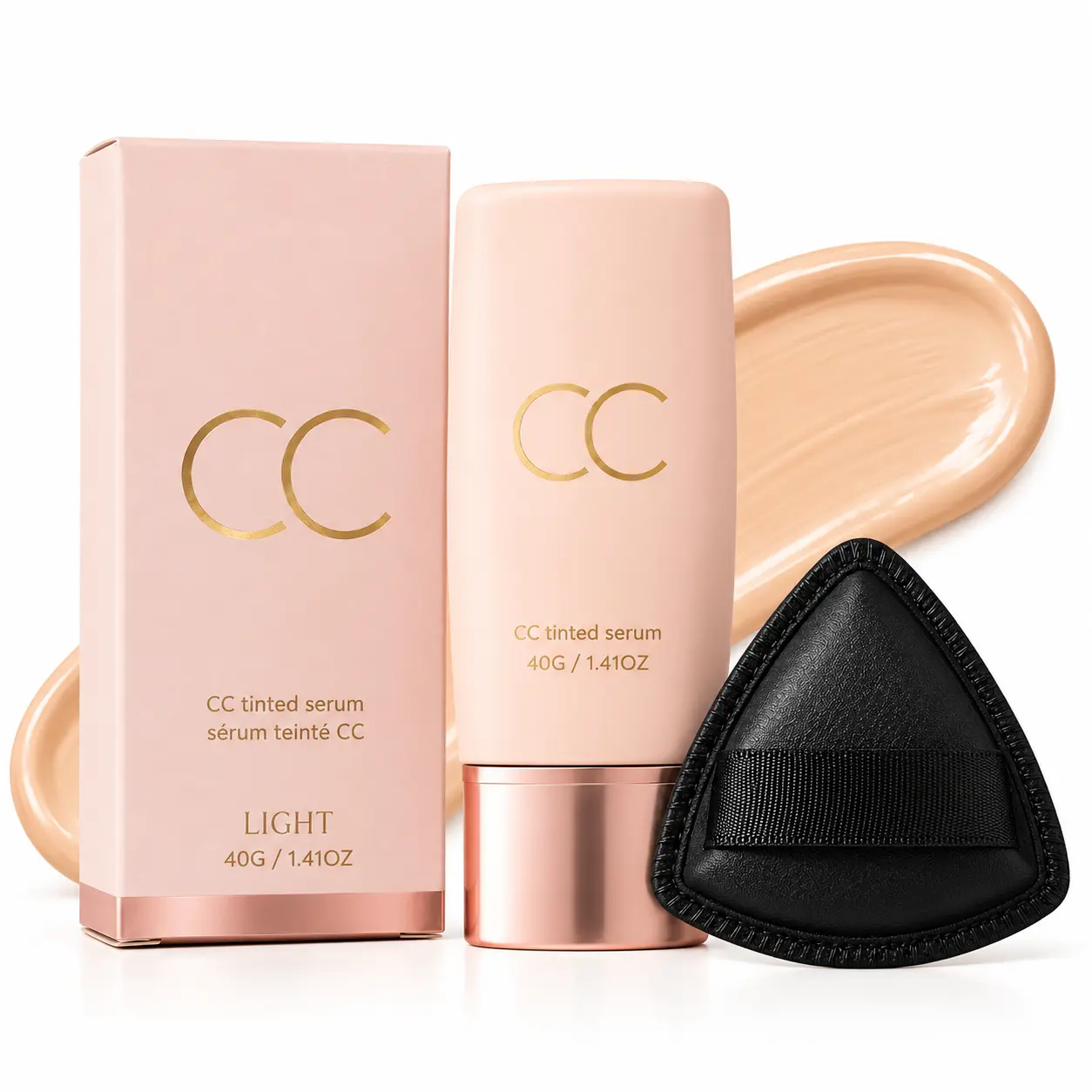 CC Tinted Serum Foundation & Triangle Makeup Puff Set, 40g Medium Coverage Face Makeup for Light & Medium Skin Tones, Creamy Soft-Matte Finish, Soft-Focus Pore Look, Buildable Everyday Base