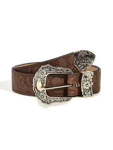Vintage Western Belt for Men & Women, Cowboy & Cowgirl Style Belt with Engraved Buckle for Jeans, Boho Style Belt