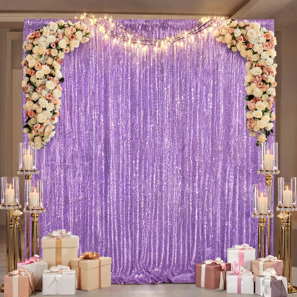 1-Piece 8x8 ft Polyester Round Photo Backdrop Curtain with Lavender Glitter Sequins, Sparkling Effect, for Lakeside Bonfire Wedding Photography, Home Decor, One Piece