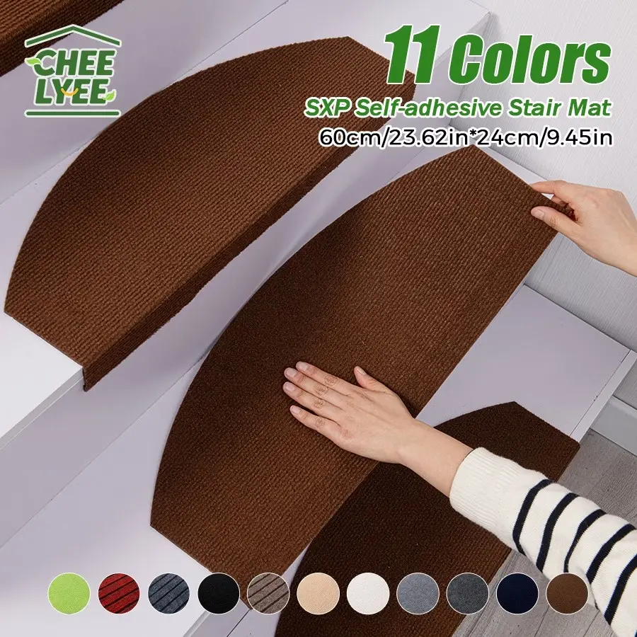8-piece half-round self-adhesive stair mat set | Anti-slip wooden stair mat, durable and easy to clean, safe for children, pets and the elderly to prevent falls, 4mm thick, polyester material, suitable for all indoor places, 23.62Inx9.45In