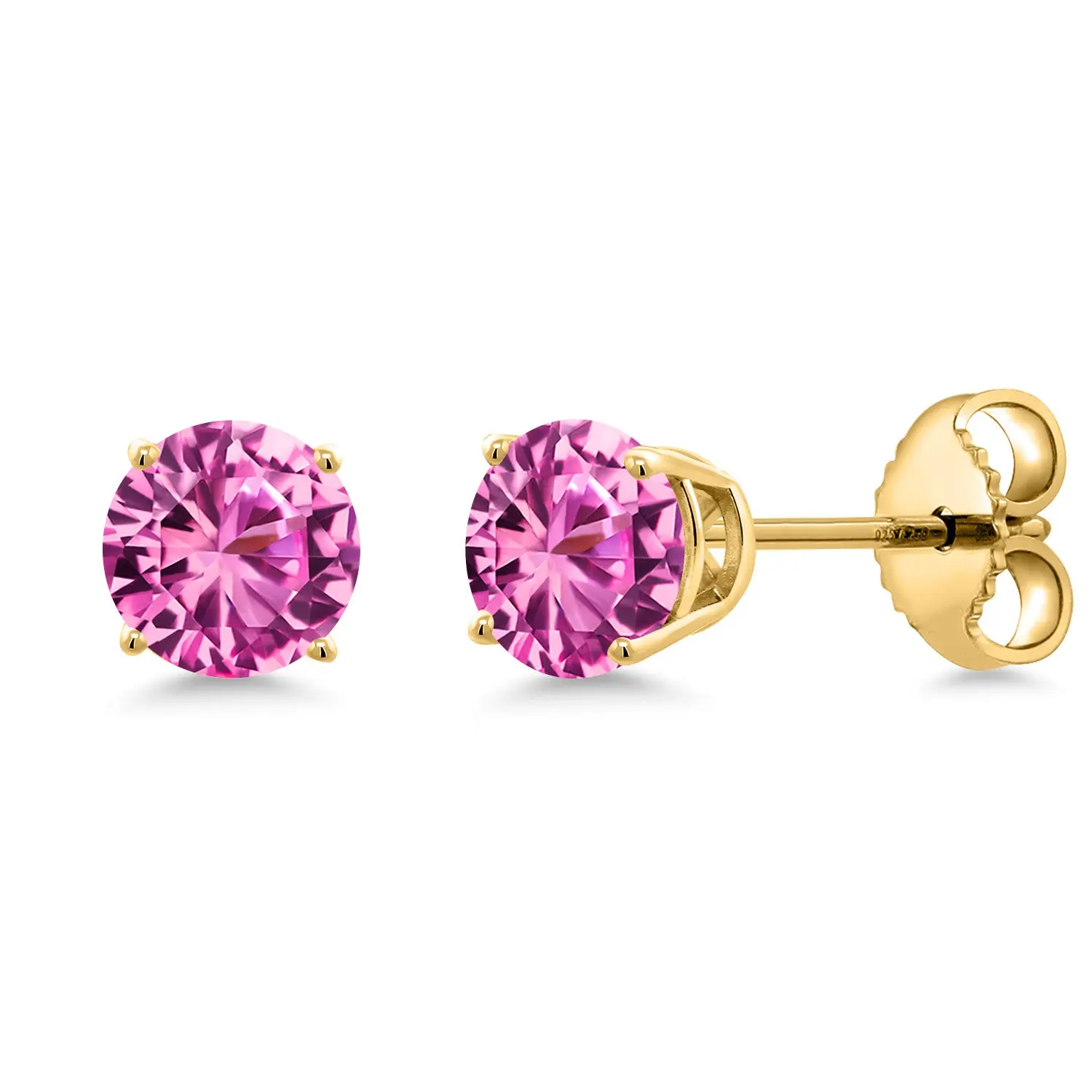 18K Yellow Gold Plated Silver Pink Created Sapphire Stud Earrings for Women | 1.10 Cttw | Gemstone September Birthstone | Round 5MM