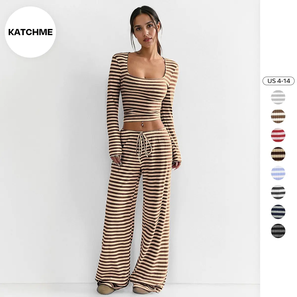 KatchMe Women's Slouchy Square Neck Stripe Long Sleeve Crop Top & Low-Rise Wide Leg Trousers Co-ord, Minimalist Two Piece Outfits, Cozy Womenswear