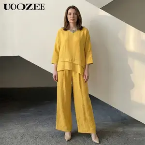 UOOZEE Women's Spring Summer Trend Look Loose Elastic Waistband with Pockets Wide Leg Pants & Oversized V-Neck Top Two-Piece Set, Spring Summer Casual/Work/Weekend Co-Ord for Women