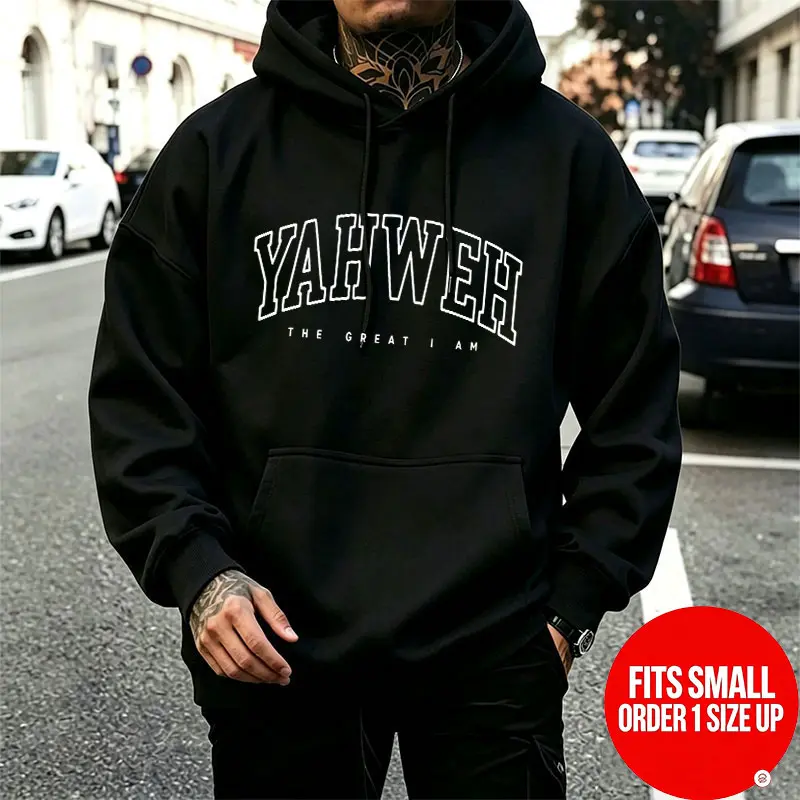 YAHWEH THE GREAT I AM Curved Hollow Lettered Hooded Sweatshirt, Unisex Oversized, American Vintage Style【Runs small, order one size up】