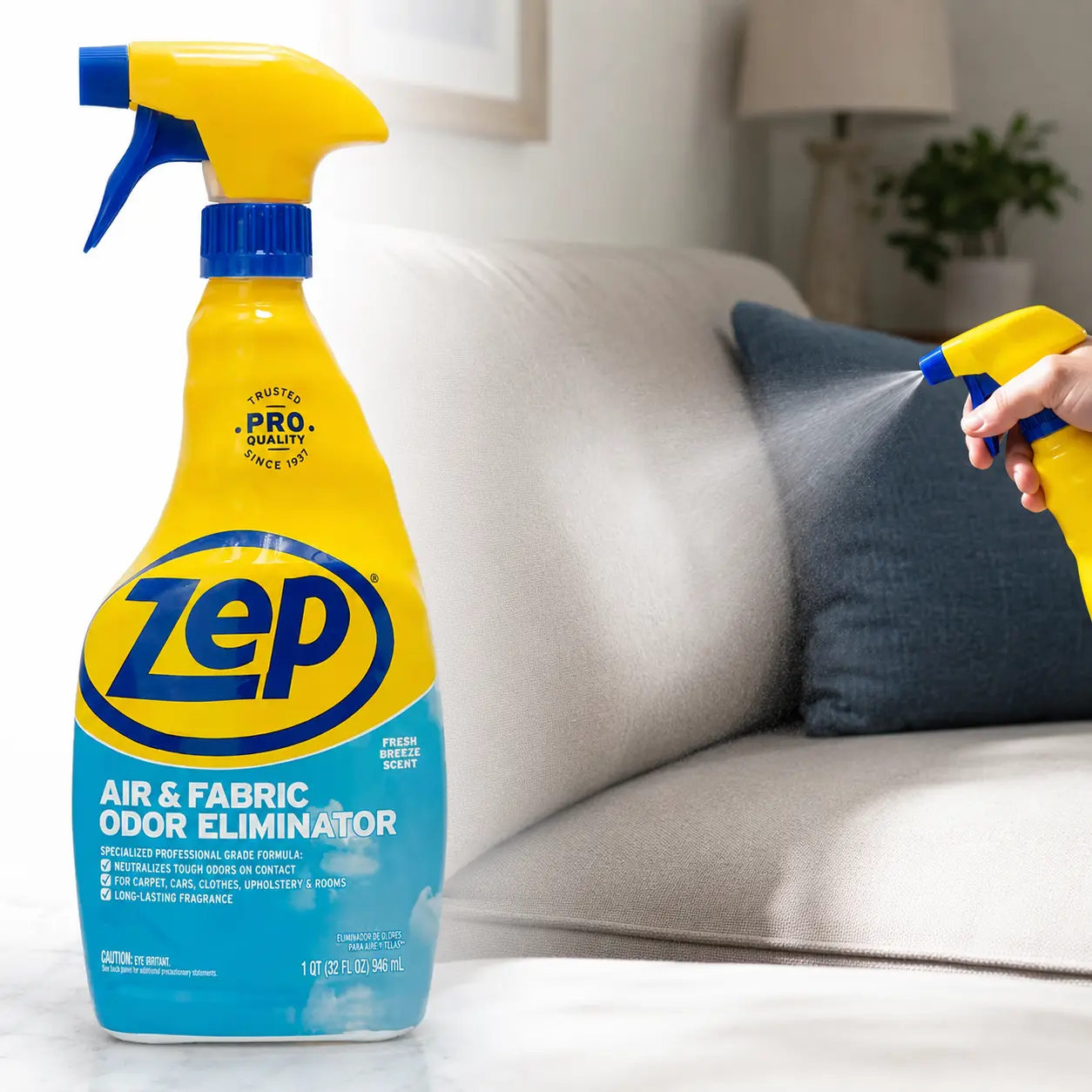 ZEP 32 oz Blue Sky Air and Fabric Odor Eliminator,pro deodorizer,fresh breeze,odor control,sweep spray,damp fabric,couch,sofa cushions,curtains,car seats,floor mats,headliner,closets,laundry room,locker room,breakroom,pet smell,cooking odors,musty fabric