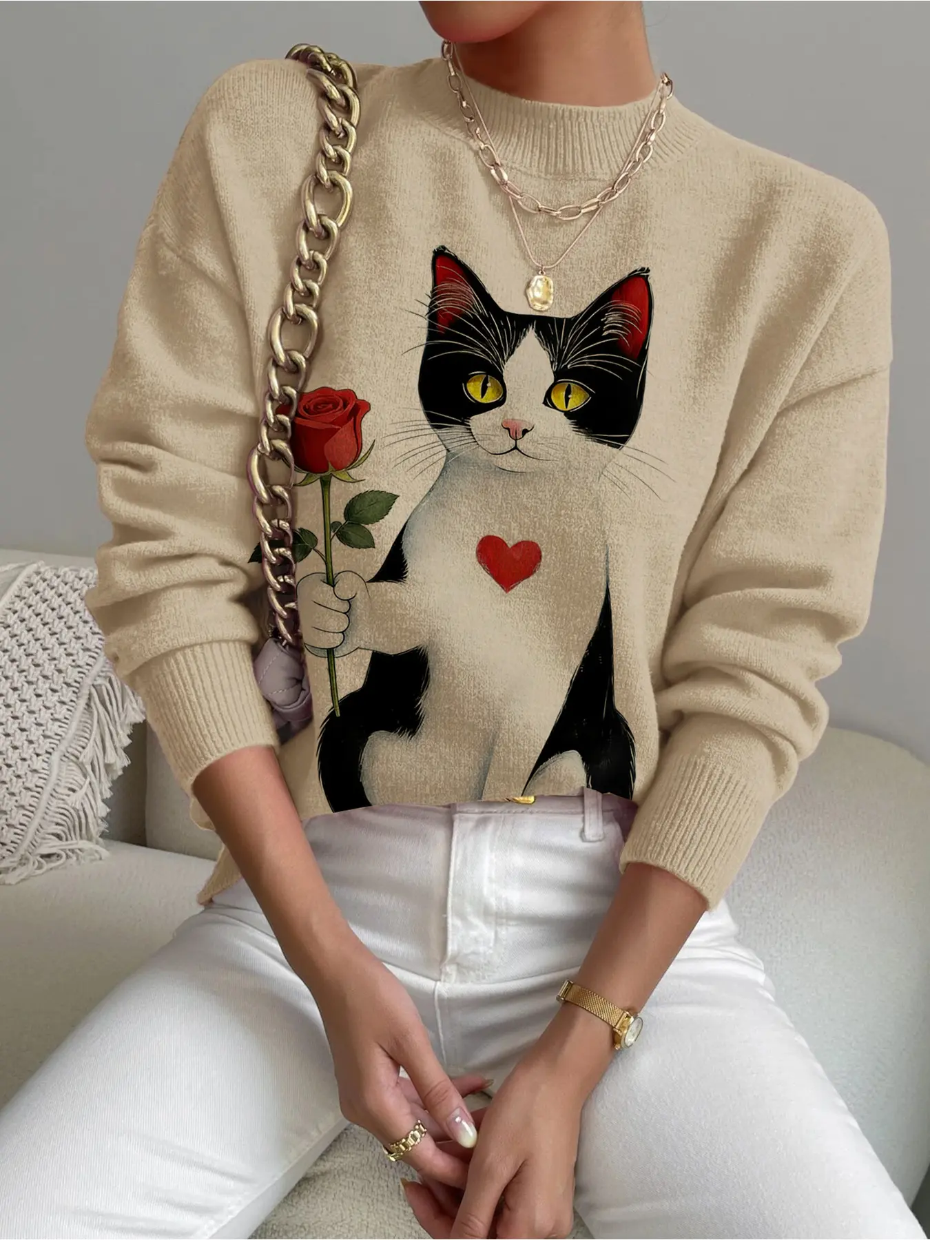 Women's Cartoon Cat Animal Print Stand Collar Sweater, Fall Winter Casual Long Sleeve Knitting Graphic Knitwear, Comfortable Warm Daily Wear Tops Womenswear